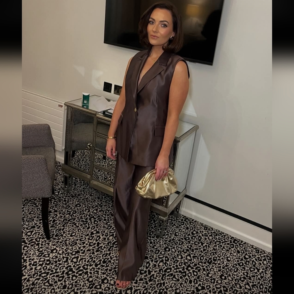 Zara 2 Pc Set Vest & Straight Pants Satin Effect Mocha - Picture 10 of 17